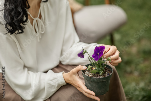 a young brunette faceless holds a pot with a purple flower in her hands, is engaged in transplanting plants in the spring in the courtyard of a country house