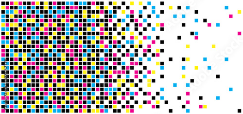 cmyk, dotted dot point pixels. Vector pixel date icon. Monochrome seamless pattern. Mosaic background. Raster square shapes sign. Computer pixelated. Cyaan, magenta, yellow and black.