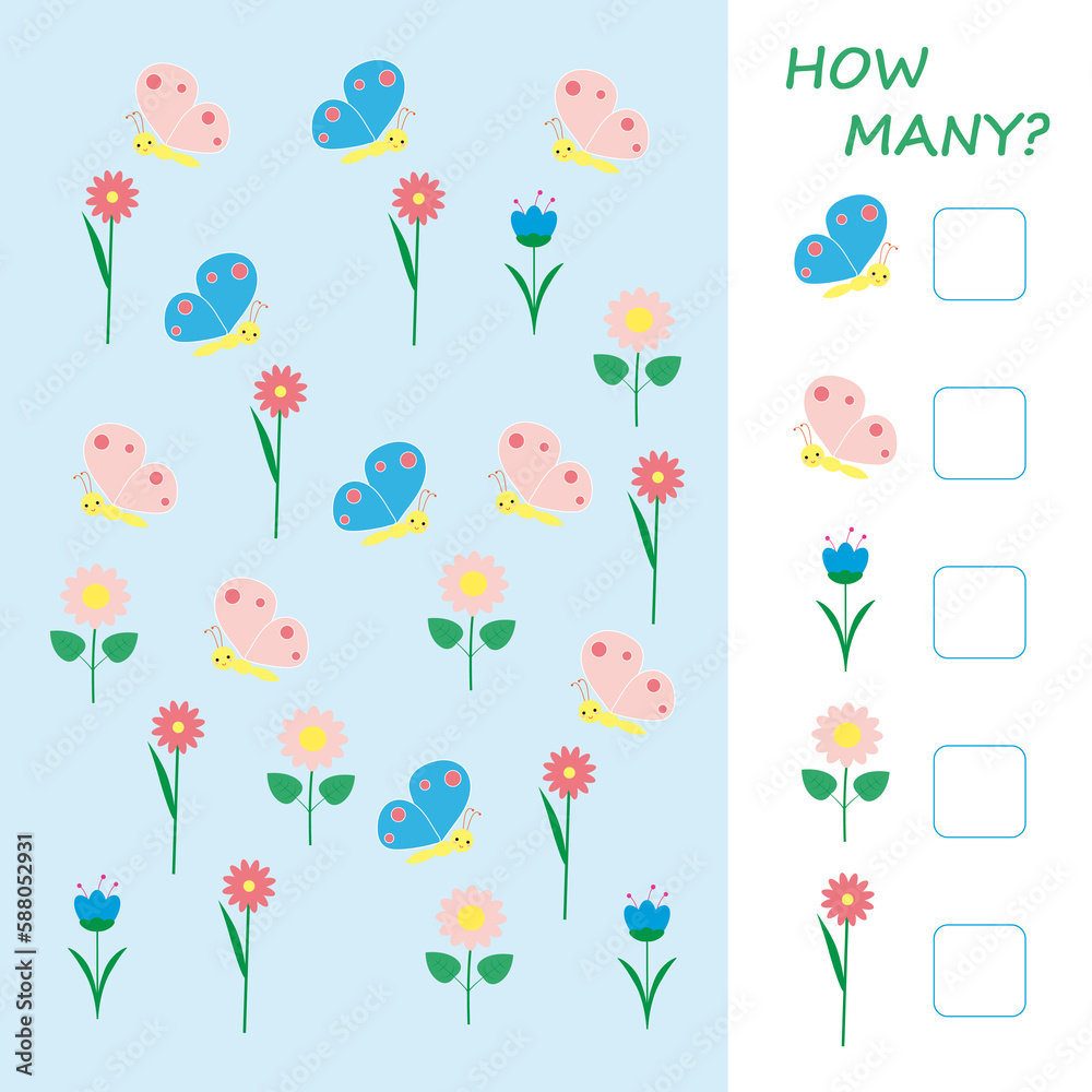 Fototapeta premium Educational math game for kids. Bright illustration with flowers and butterflies.
