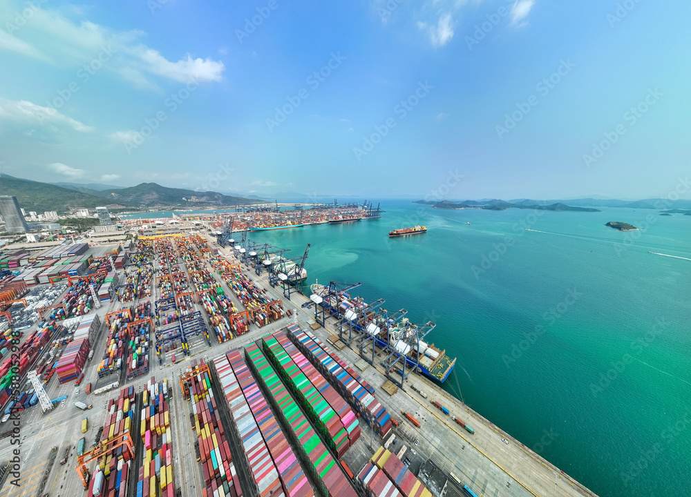 Aerial view of Manufacturing logistics cargo container ship at ship port in Yantian port, shenzhen city, China.export import business logistic international.