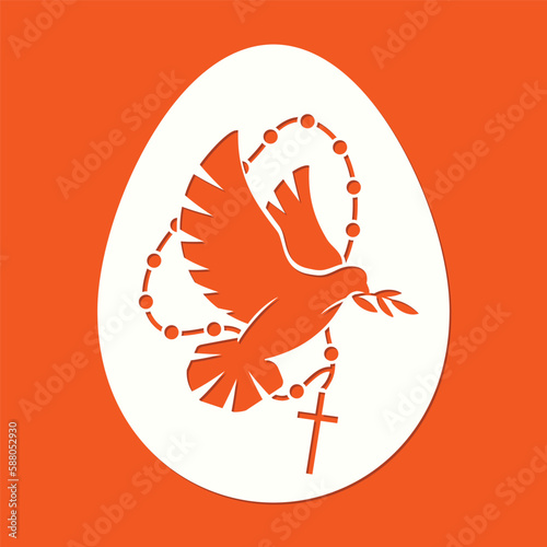 Laser cutting template. Easter egg paper cut. Dove and rosary beads with a cross in the shape of an egg. A symbol of peace. Stencil. Pigeon flying vector silhouette.  © Sviatlana