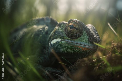 Camouflaged Chameleon Relaxing in Green Grass