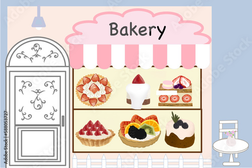 a bakery shop with glass window and bakery products.