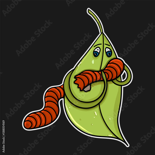 a sad green leaf with a worm gnawing a hole in it