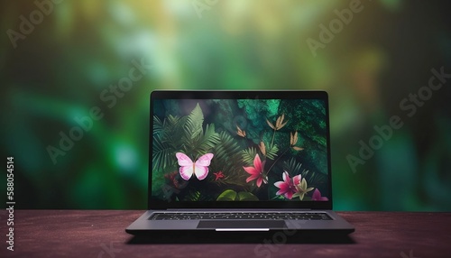 Nature on Your Screen A Serene PC Display with a Blurred Background  Showcasing Beautiful Tropical Butterfly  Generative AI