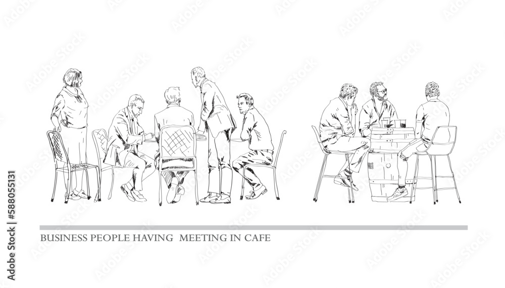 Group of business people talking in cafe. Sketch. Collection of silhouettes for project. Group of business people talking in cafe. Sketch. Collection of silhouettes for project.