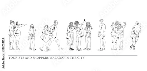 Family, shoppers, tourists walking in the city. Sketch. Collection of silhouettes for project. 