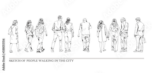 Sketch, group of business people walking in the city. Collection of silhouettes for your project. Back view