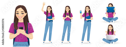 Young woman student with backpack and book in different poses with phone, book and laptop. Isolated vector illustration set.