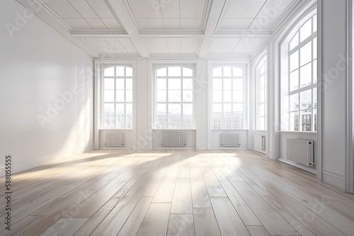 Illustration of an Empty Room with Neutral Decor and Wooden Flooring. Generative AI © AkuAku