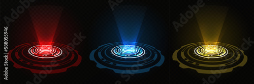 Color hologram portal. Magic fantasy portal. Magic circular podium for teleportation with a hologram effect.
