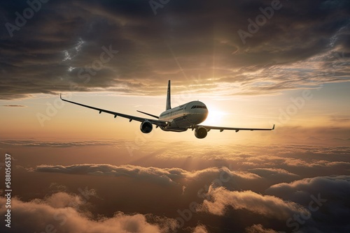 A sleek, white commercial airliner soaring gracefully through the clouds during the golden hour of sunset - AI Generated