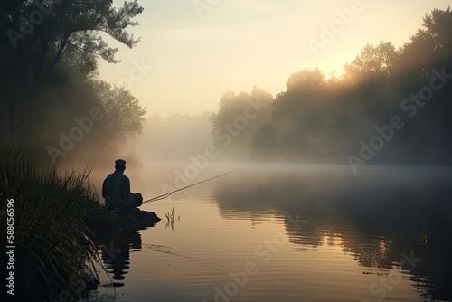 A seasoned angler casting his line into a still, misty lake during the early morning hours - AI Generated
