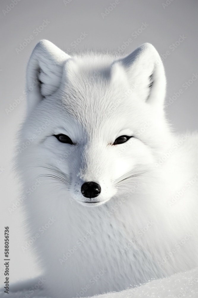 white fox isolated on white, close up of arctic fox in the snow