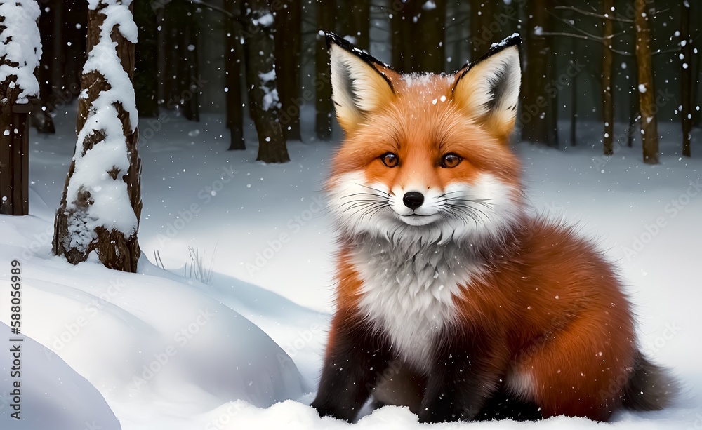 Young red fox sit in a snowy forest. Generative AI