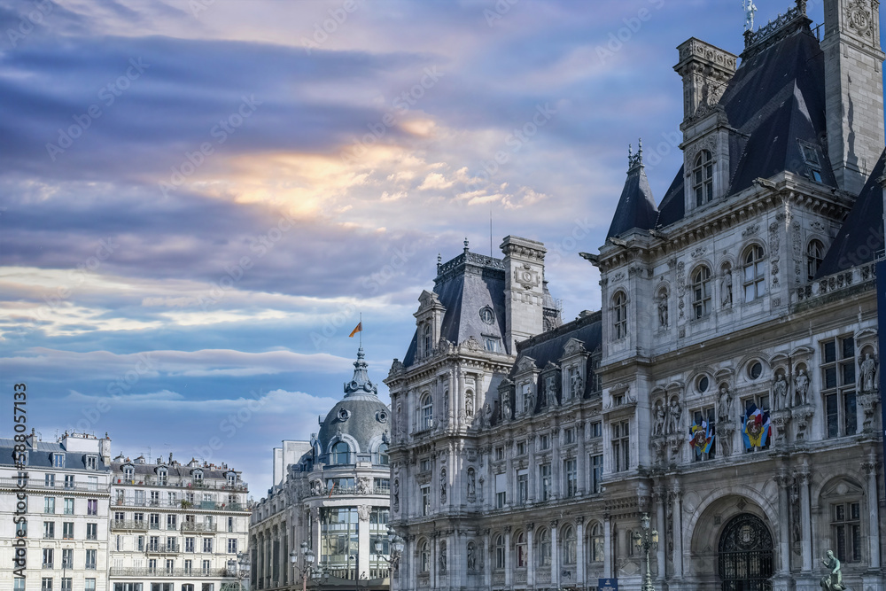Paris, the facade of the Hotel de Ville, city hall of the french capital
