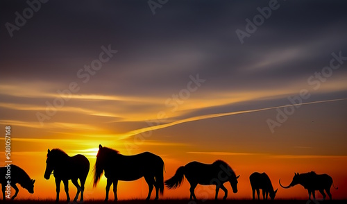 Black silhouettes of many animals on the background of the sunset. Generative AI