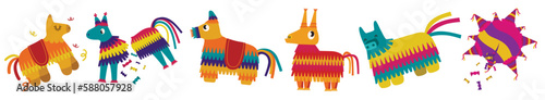 Group of bright Mexican pinatas with falling candies on white background