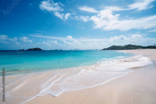 Praia paradisíaca com areia branca, mar azul turquesa e céu com nuvens