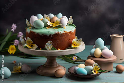 easter cake and eggseaster eggs and flowers, ai generative photo