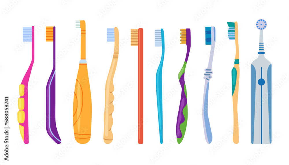 Large set of mouth cleaning tools. Various toothbrushes. An electric toothbrush. Dental hygiene, oral care concept. Vector illustration. Large set of mouth cleaning tools. Various toothbrushes. An electric toothbrush. Dental hygiene, oral care concept. Vector illustration.