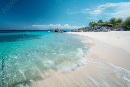 Praia paradisíaca com areia branca, mar azul turquesa e céu com nuvens © Seguindo o Fluxo