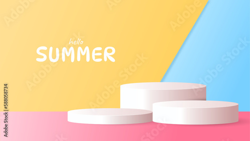 Summer time background. Podium platform to show product on colorful background