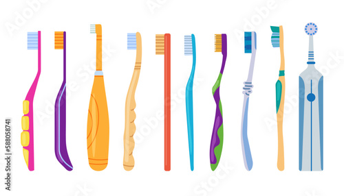 Large set of mouth cleaning tools. Various toothbrushes. An electric toothbrush. Dental hygiene, oral care concept. Vector illustration.