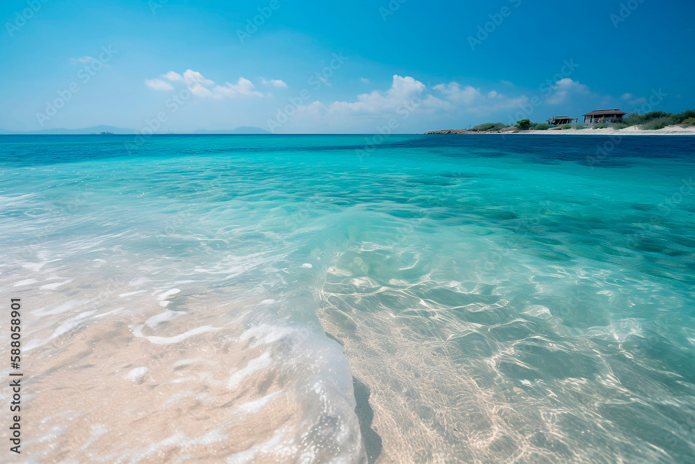 Praia paradisíaca com areia branca, mar azul turquesa e céu com nuvens