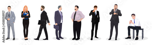 Set of business people. Collection of diverse office staff isolated on white background. Men and woman various characters and body type. Manager wearing in black suit and tie. Flat Vector illustration