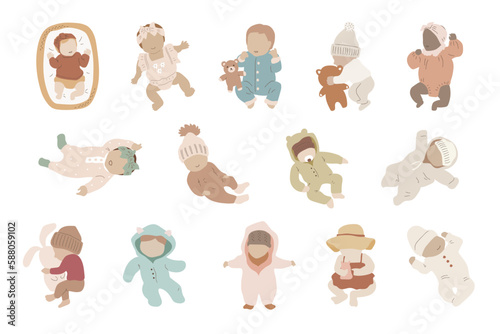 set of hand drawn babies illustration, baby milestones,