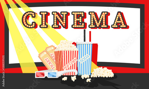 Cinema tickets, popcorn in striped bucket and soda drink on promotion poster, banner. Set of cinema food. 3d glasses for modern Hollywood film. Wallpaper of Premiere festival. Flat Vector illustration