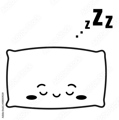 Zzz sleep snore and cute pillow character vector icon. Night sleepy noise sound illustration. Black signs isolated on white background.