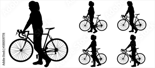 Big set of female cyclists silhouettes. The girl is holding the steering wheel of her bike. A woman walks next to a bicycle. A group of cyclists. Sport. Side view. Black color silhouette isolated