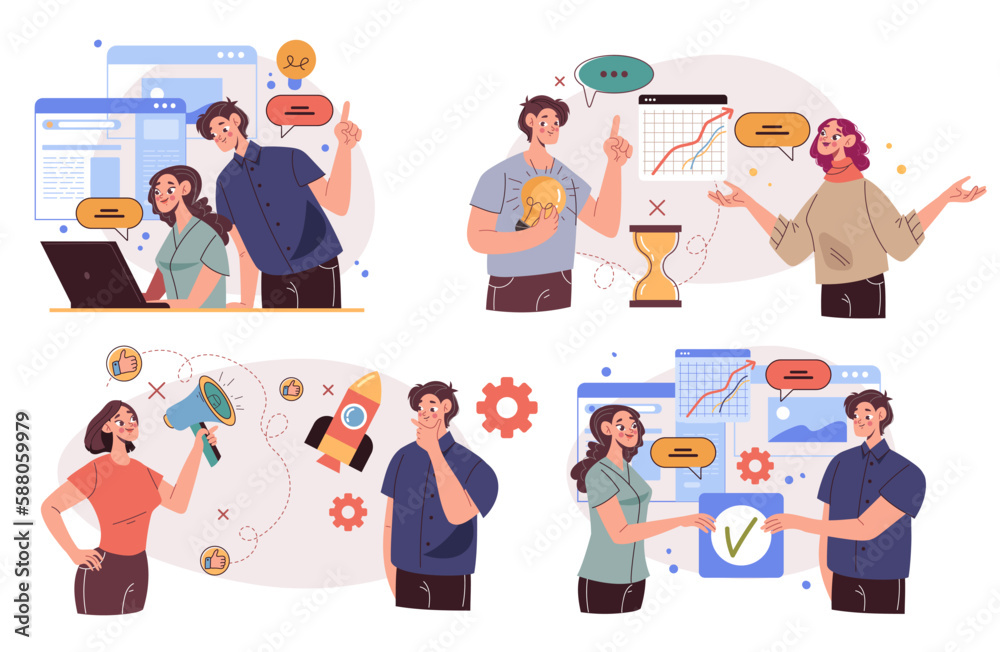 Business character people work manager team office abstract concept set. Vector graphic design illustration
