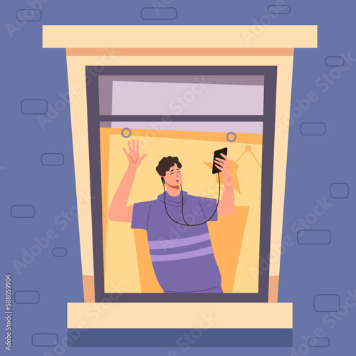 People listen music audiobook podcast near window concept. Vector graphic design illustration