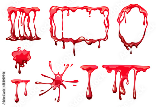 Blood drip splatter drop vampire bloodstain realistic isolated set. Vector graphic design illustration
