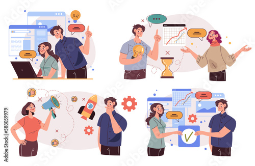 Business character people work manager team office abstract concept set. Vector graphic design illustration 