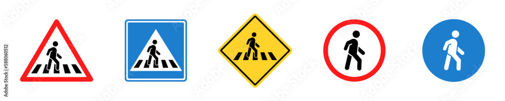Set of pedestrian crossing vector signs. Crosswalk or zebra. Pedestrians traffic road sign. No walking. Area for crossing road. - obrazy, fototapety, plakaty 