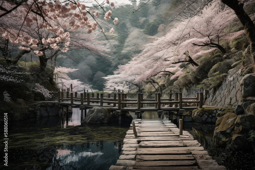 Illustration of a serene and picturesque Japanese landscape, in full bloom with cherry blossoms during sakura season. Ai generated.
