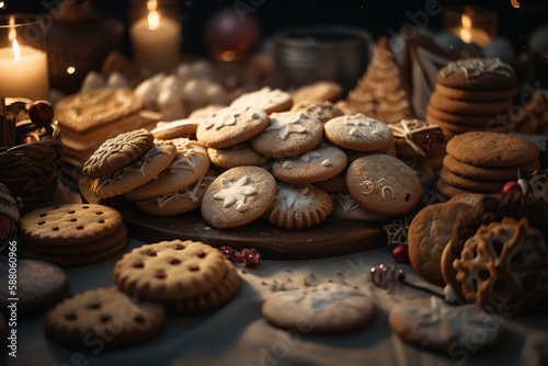 Christmas cookies on a wooden table. Selective focus. Holiday. Generative AI