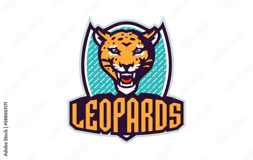 Sports logo with leopard mascot. Colorful sport emblem with leopard mascot and bold font on shield background. Logo for esport team, athletic club, college team. Isolated vector illustration