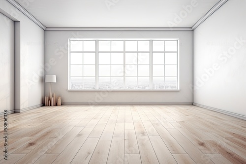 Illustration of an Empty Room with White Walls and Wooden Floor. Generative AI