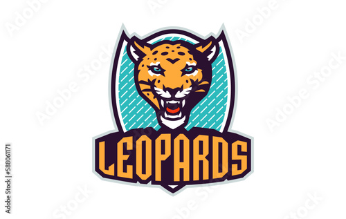 Sports logo with leopard mascot. Colorful sport emblem with leopard mascot and bold font on shield background. Logo for esport team, athletic club, college team. Isolated vector illustration