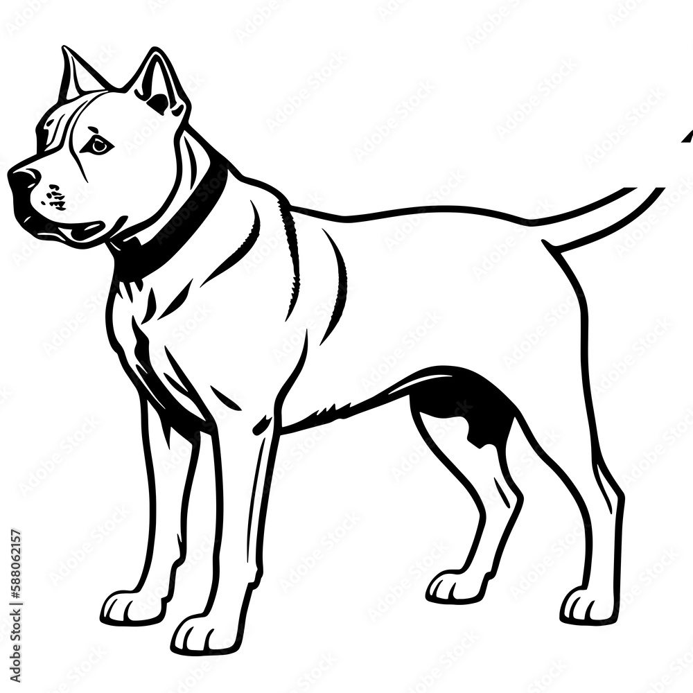 Illustration of a fierce black and white fighting dog, possibly a pit bull, Staffordshire, or mastiff, captured in monochrome