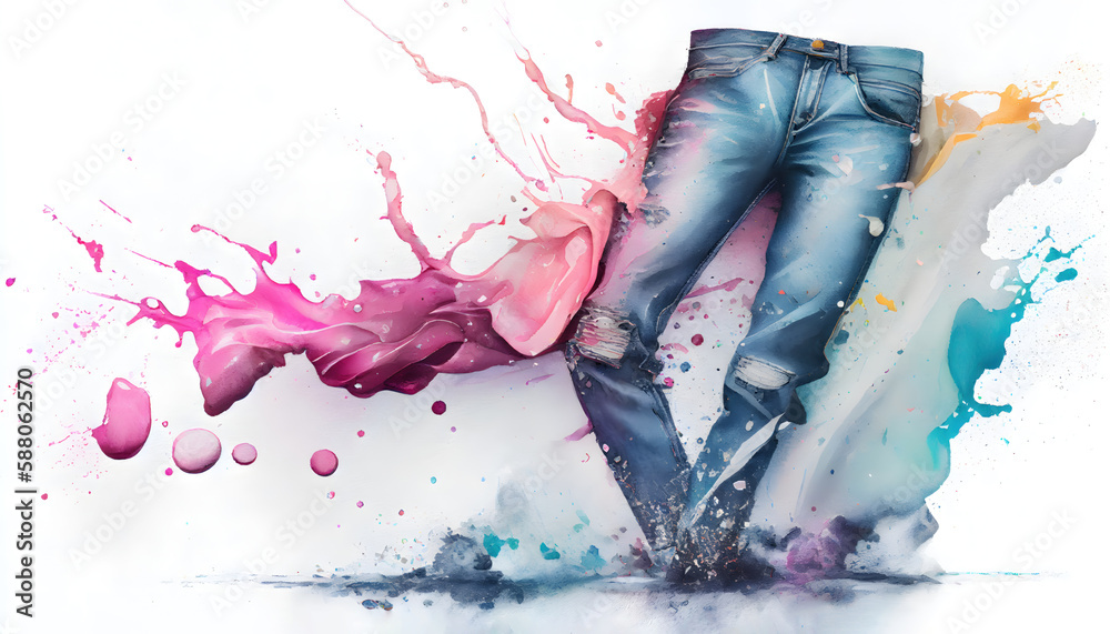 Fototapeta premium Men's jeans in watercolor splashes by Generative AI