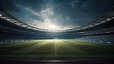Before match. Stadium and neoned colorful flashlights background. Flyer with copyspace in modern colors. Concept of sport, competition, winning, action. Empty area for championships. Generative Ai.