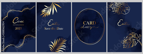 Set of vertical backgrounds. Blue, navy watercolor fluid painting vector design. Golden exotic palm leaves, lines, splatters.