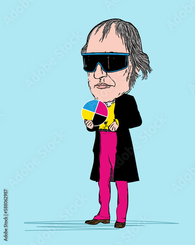 creative and modern hipster philosopher Hegel with sunglasses hold a CMYK disc on a cyan background.