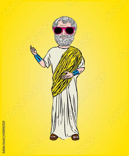 creative and modern hipster philosopher Aristotle with beard and pink sunglasses on a yellow background.
